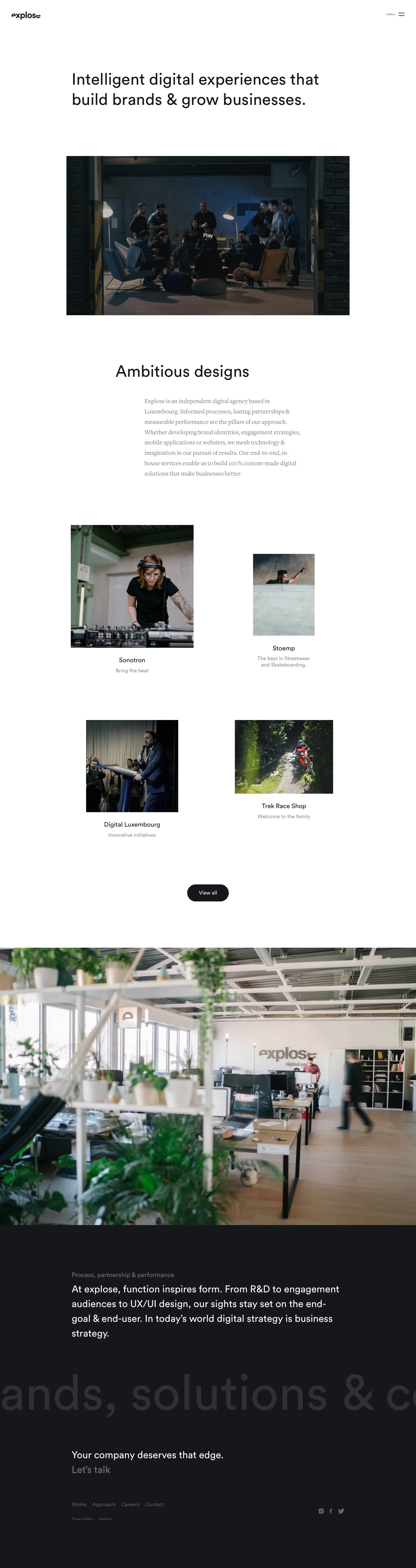 Explose Landing Page Example: Explose designs intelligent digital experiences, such as responsive websites, mobile applications and films, that build brands and grow businesses.