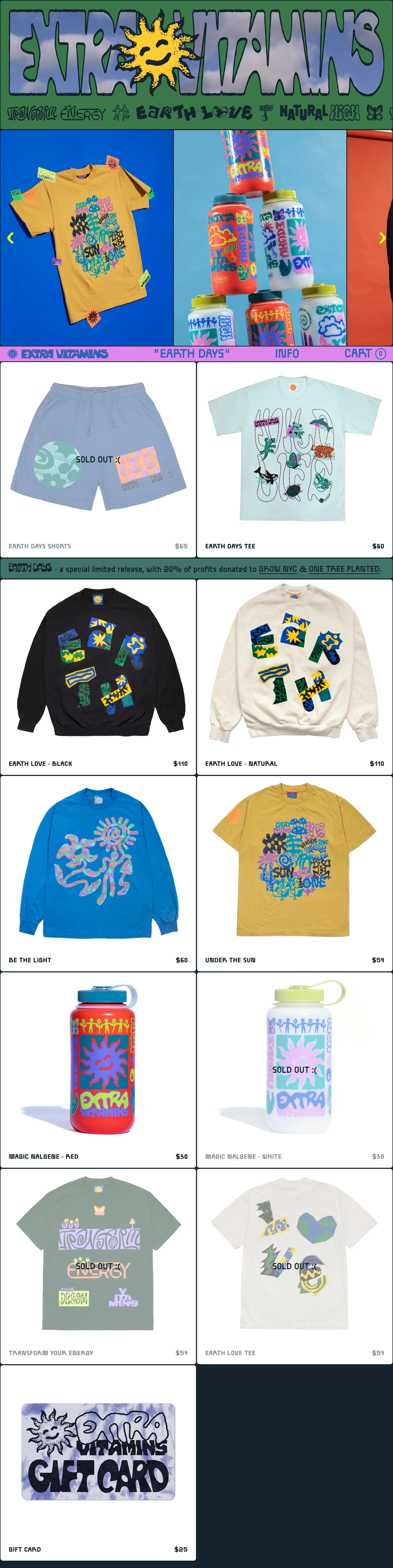 Extra Vitamins Landing Page Example: Extra Vitamins is a two-person artist-run brand based in Brooklyn. Everything we release is designed collaboratively in-house. Our tie-dye tees are dyed by hand in our studio and all shirts are printed here or at our neighborhood printshop.