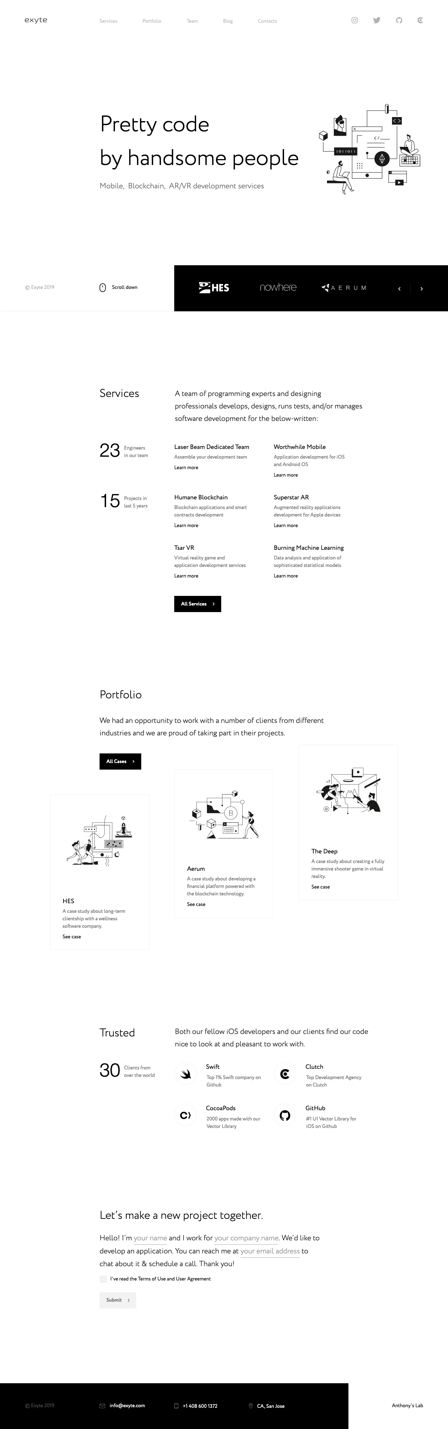 Exyte Landing Page Example: Exyte is a team of full-stack programmers and designers focused on mobile development, blockchain technology, and two realities: augmented and virtual.