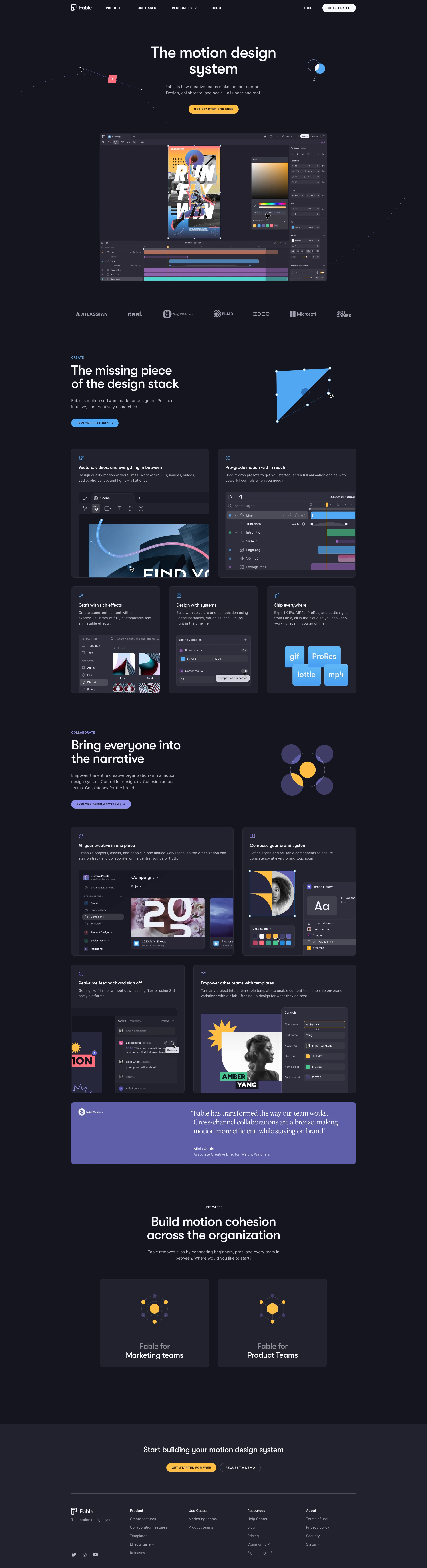 Fable Landing Page Example: The motion design system. Fable is how creative teams make motion together. Design, collaborate, and scale – all under one roof.