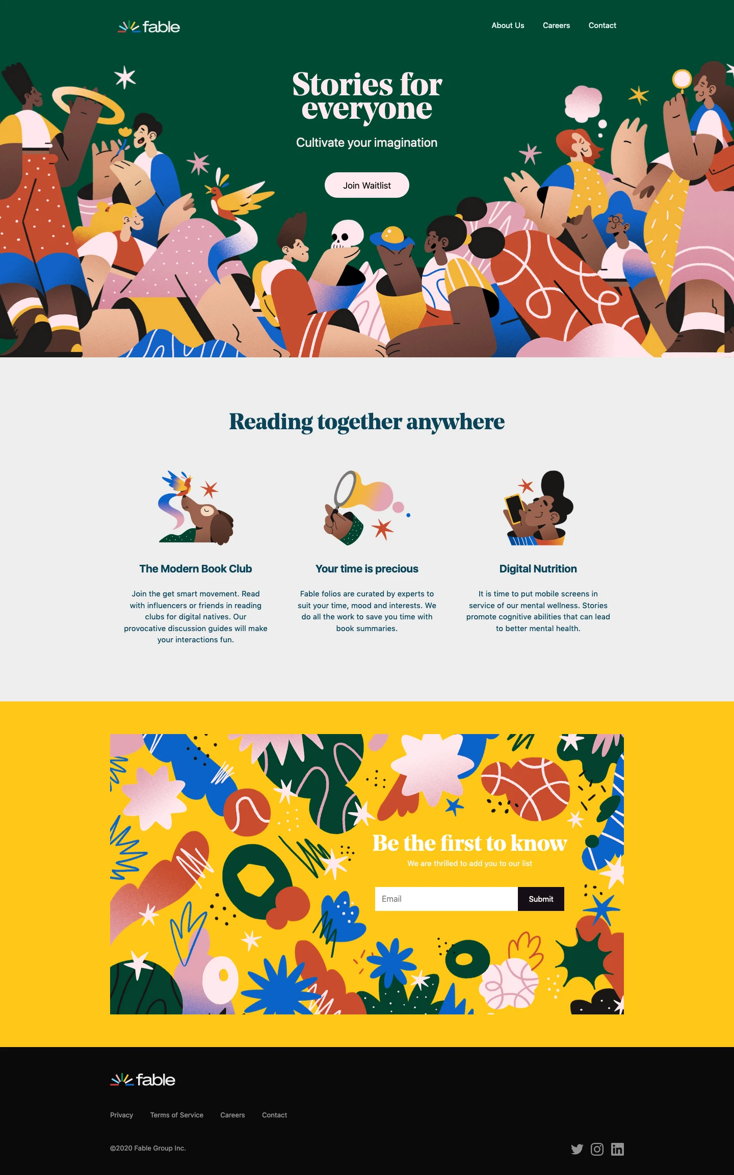 Fable Landing Page Example: Delivering the world’s best social experience with exceptional stories in service of mental wellness.