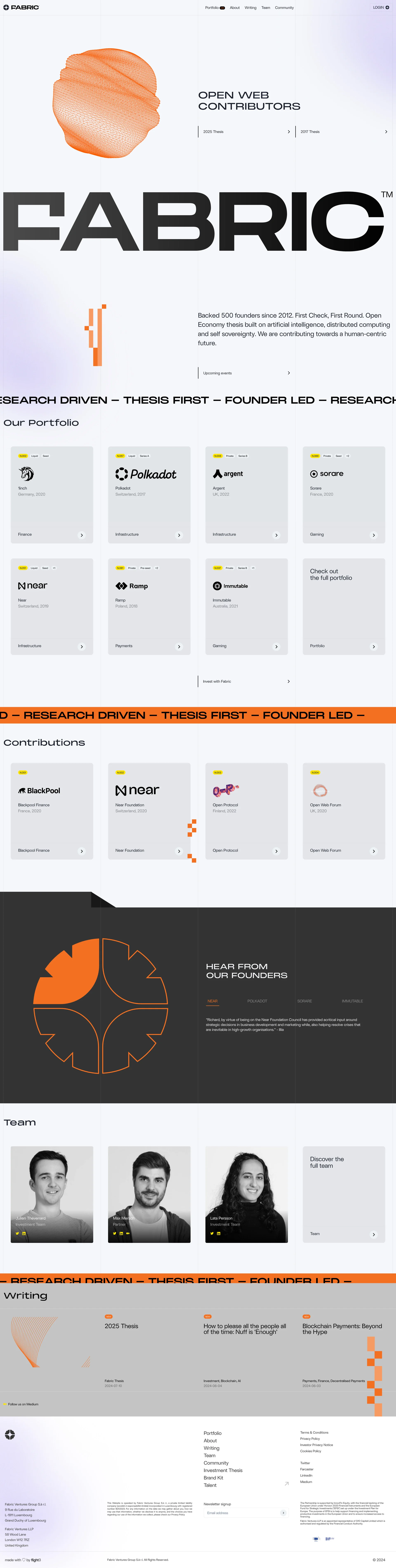 FABRIC Landing Page Example: We're dedicated to funding the visionary Web 3 founders who build organizations and institutions for individuals, by individuals.