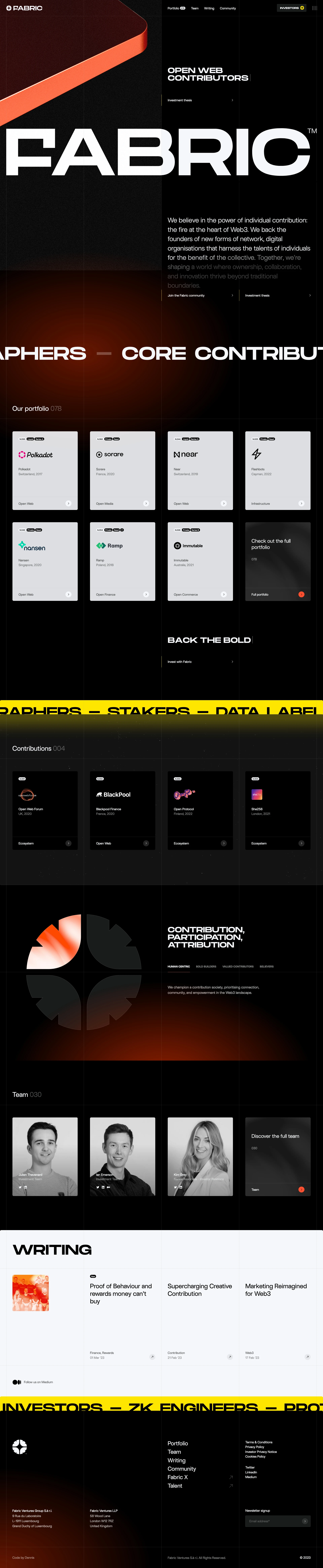 FABRIC Landing Page Example: We're dedicated to funding the visionary Web 3 founders who build organizations and institutions for individuals, by individuals.