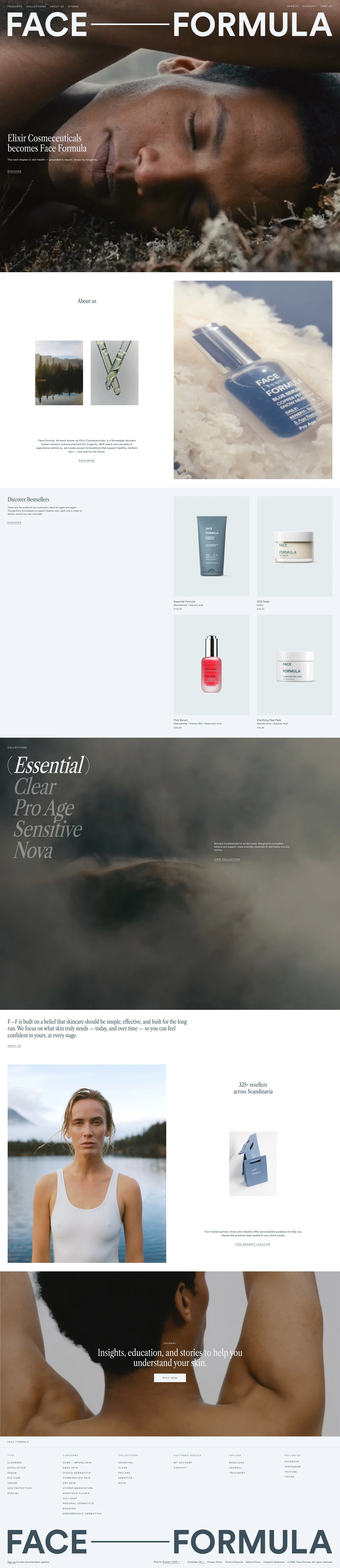 Face Formula Landing Page Example: The next chapter in skin health — grounded in results, driven by longevity. Face Formula, formerly known as Elixir Cosmeceuticals, is a Norwegian skincare brand rooted in science and built for longevity. With nearly two decades of experience behind us, we create proven formulations that support healthy, resilient skin — now and for the future.