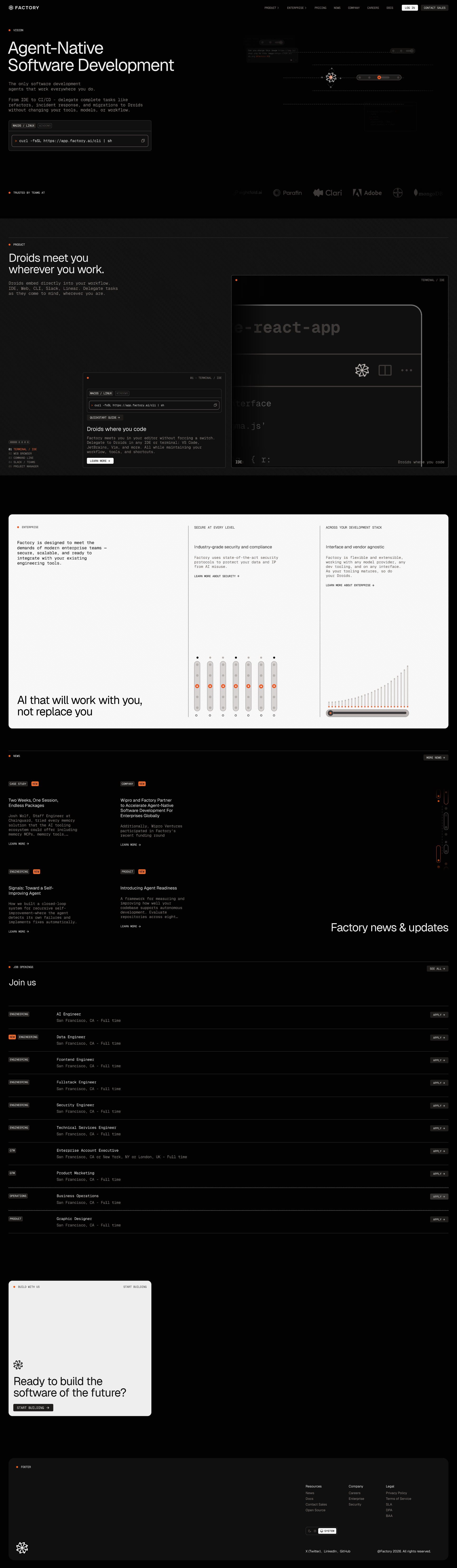 Factory Landing Page Example: Build faster with AI coding agents. Factory Droids automate coding, testing, and deployment for startups and enterprises.
