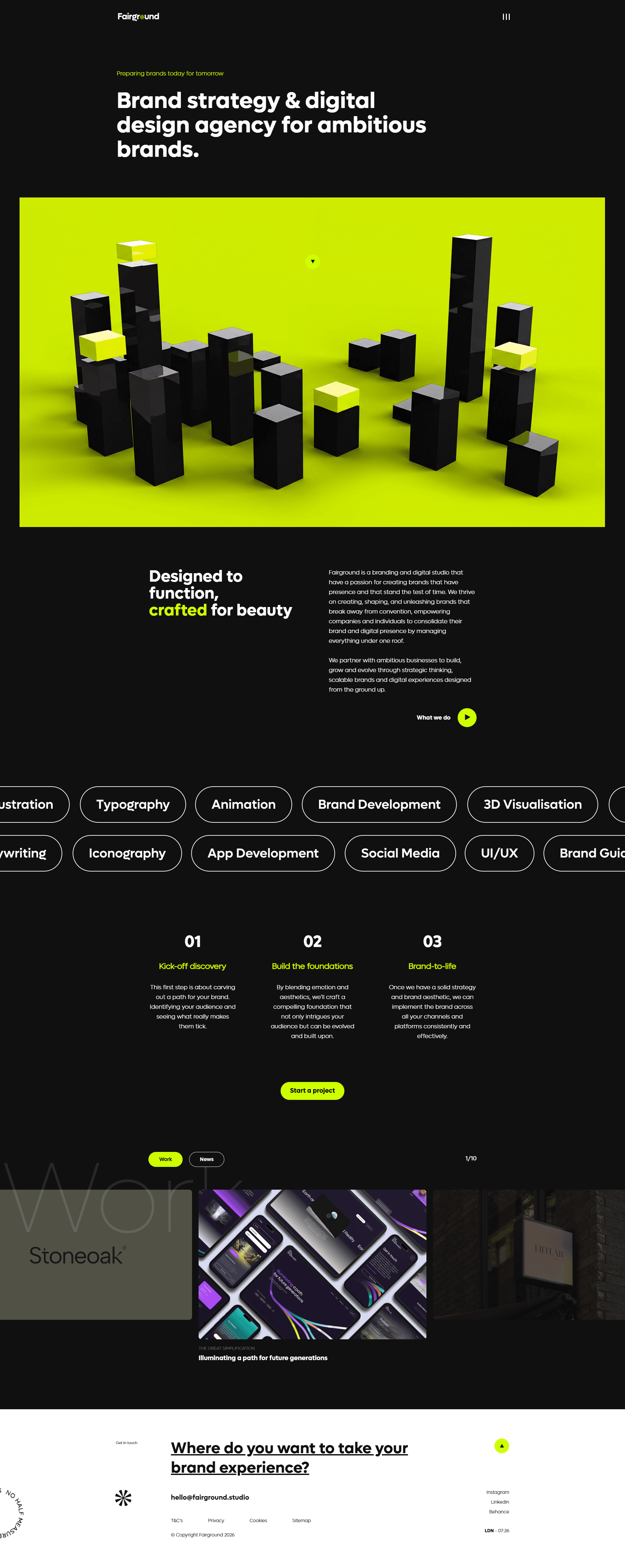 Fairground Studio Landing Page Example: Fairground Studio is a digital design agency in Greater London and Surrey crafting and elevating brands today for tomorrow.