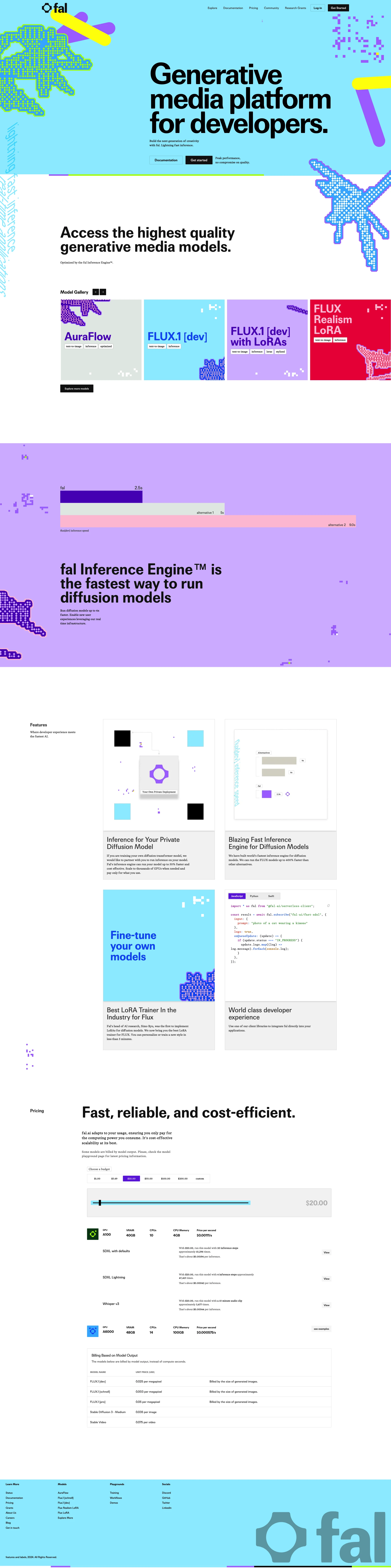 fal.ai Landing Page Example: fal.ai is the fastest way to run diffusion models with ready-to-use AI inference, training APIs, and UI Playgrounds