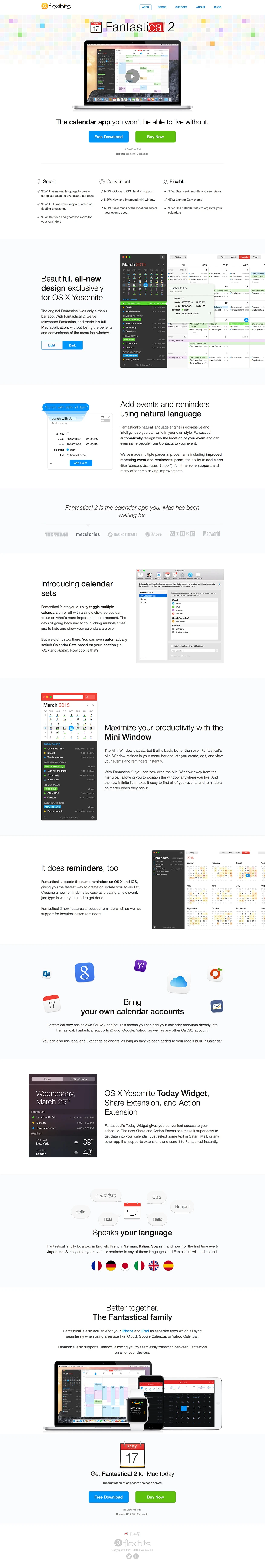 Fantastical 2 for Mac Landing Page Example: Presenting Fantastical, the Mac calendar app you'll enjoy using. Quickly create new events and reminders with natural language input and more.