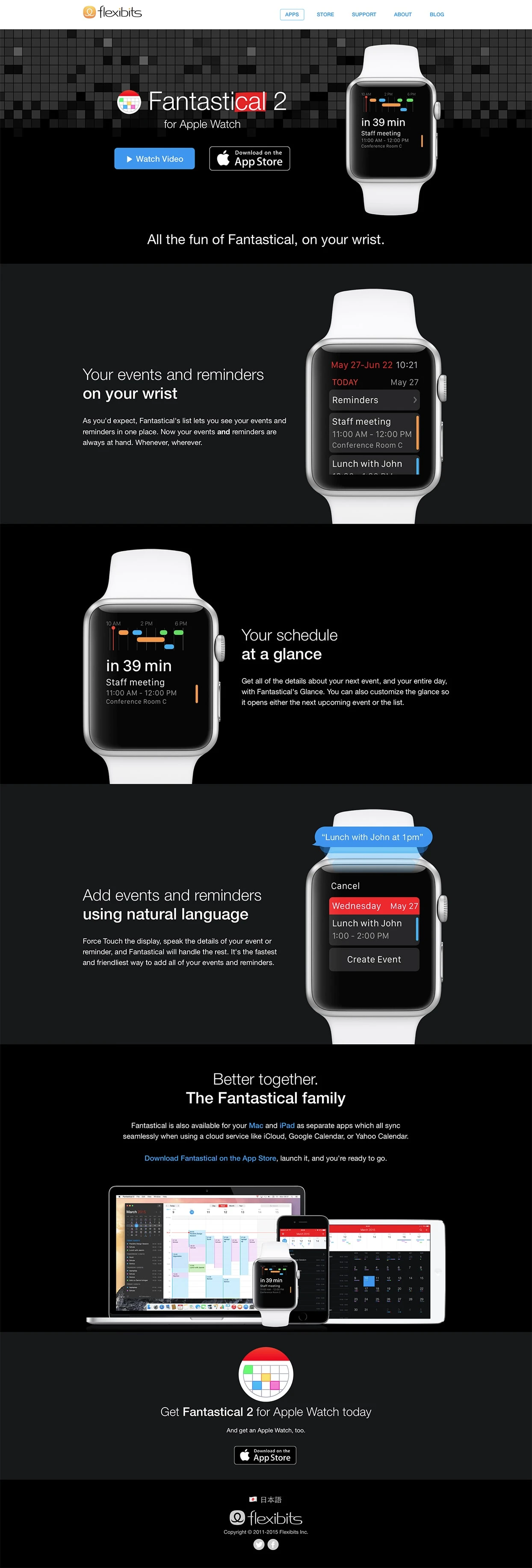 Fantastical 2 for Apple Watch Landing Page Example: Fantastical 2 for Apple Watch. All the fun of Fantastical, on your wrist.
