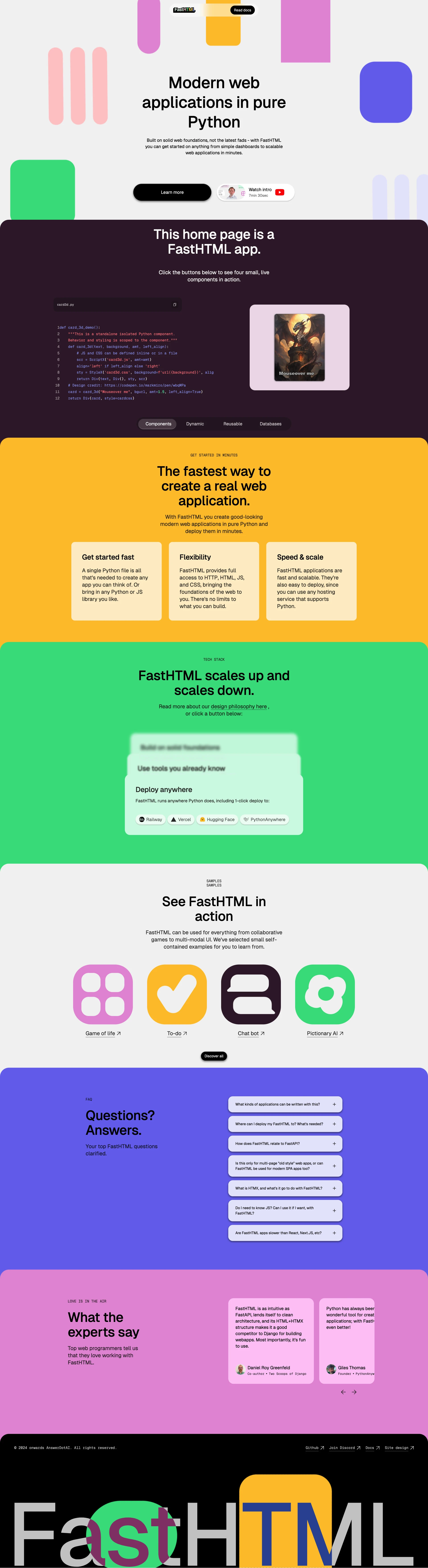 FastHTML Landing Page Example: Modern web applications in pure Python. Built on solid web foundations, not the latest fads - with FastHTML you can get started on anything from simple dashboards to scalable web applications in minutes.