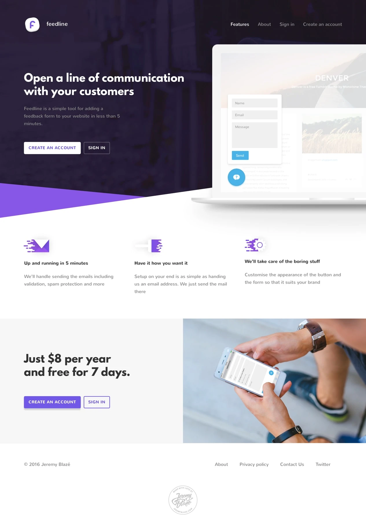 Feedline Landing Page Example: Feedline is a simple tool for adding a feedback form to your website in less than 5 minutes.