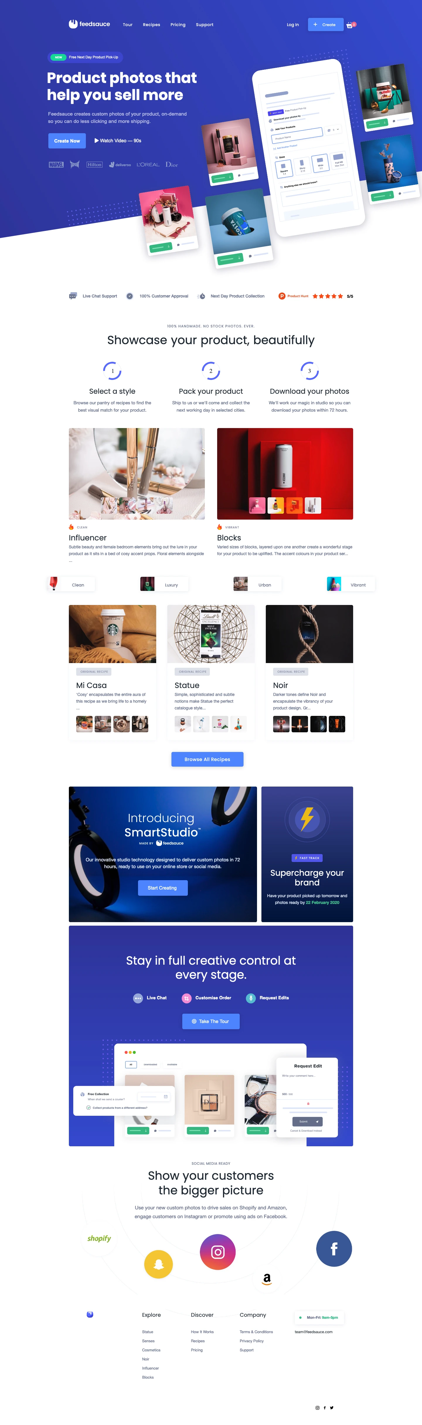 Feedsauce Landing Page Example: Feedsauce creates custom photos of your product, ready to showcase on Instagram, share on Facebook or sell on Shopify. We collect your products free