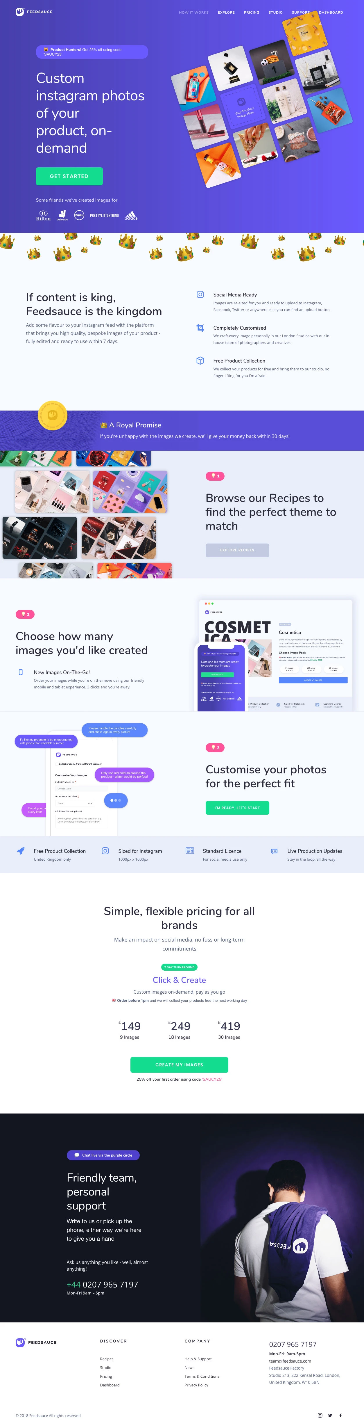 Feedsauce Landing Page Example: Feedsauce delivers high quality, bespoke Instagram images of your product, on-demand. Get your hand-made, edited and ready to download images within 7 days.