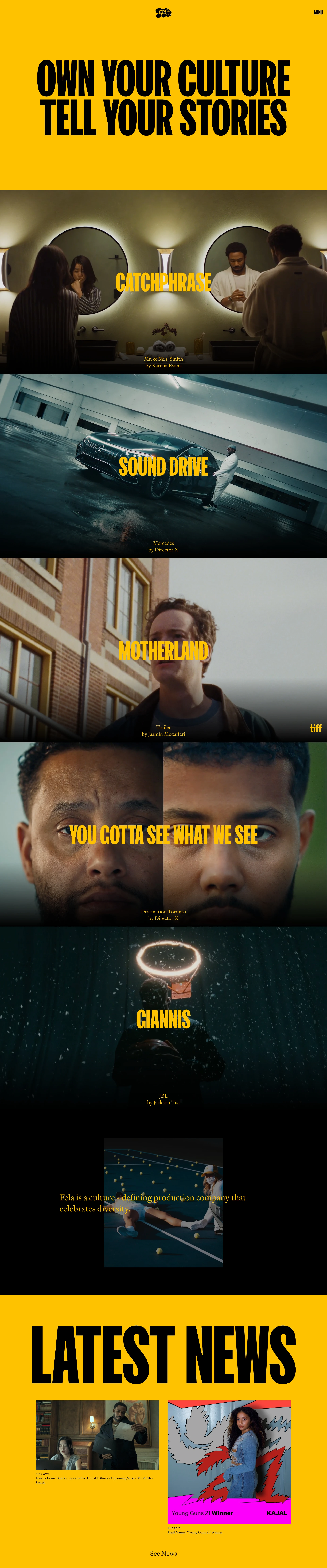 Fela Landing Page Example: A Toronto and Los Angeles-based production company that specializes in making cutting-edge content in the realm of music videos, commercials, documentaries and films.