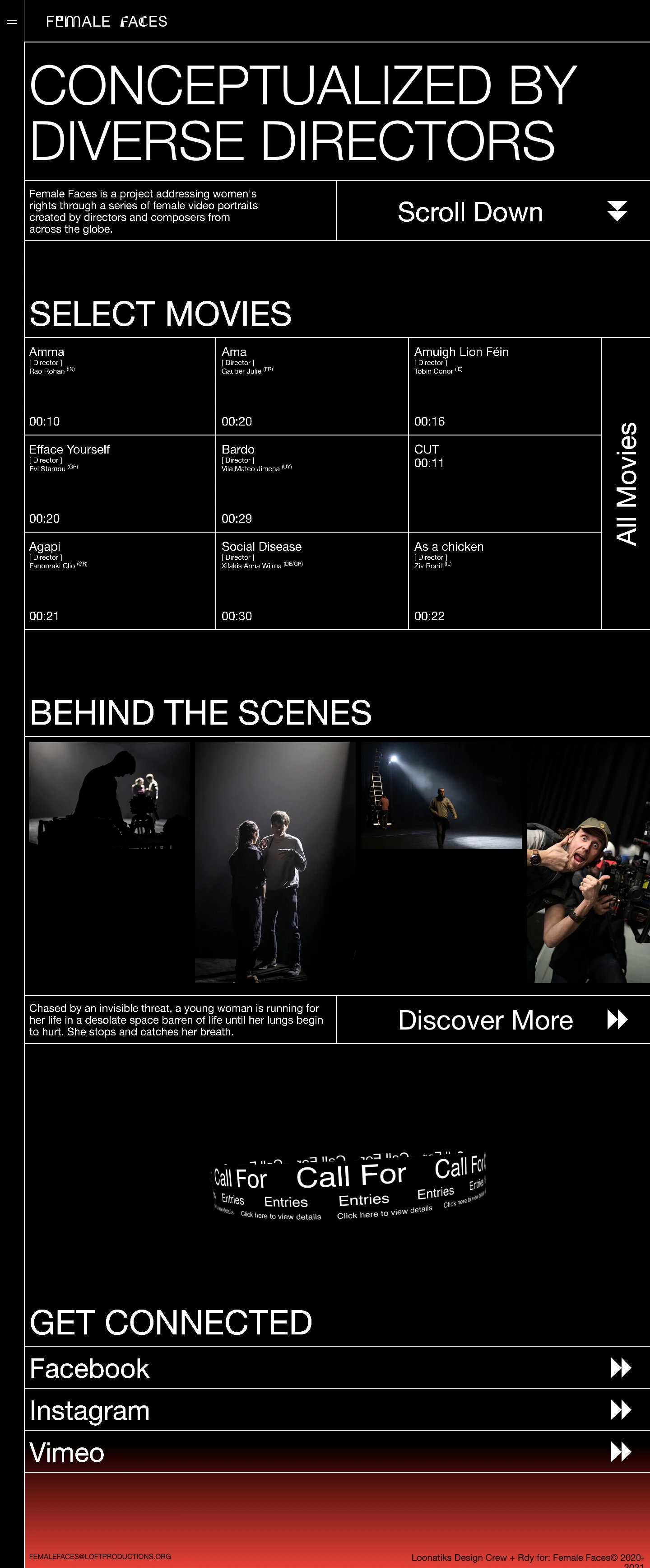 Female Faces Landing Page Example: Female Faces is a project addressing women's rights through a series of female video portraits created by directors and composers from across the globe.
