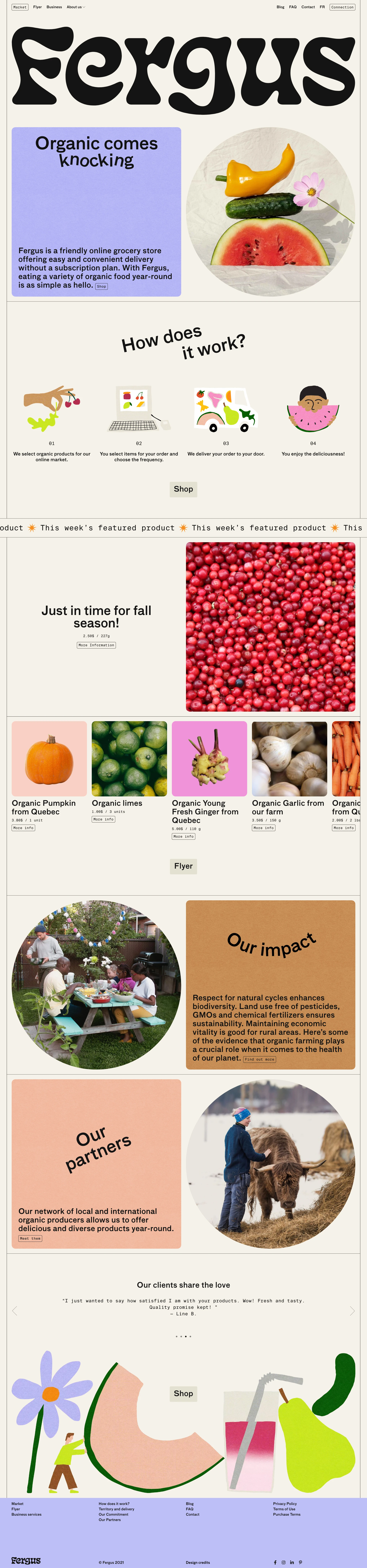 Fergus Landing Page Example: Fergus is a friendly online grocery store offering easy and convenient delivery without a subscription plan. With Fergus, eating a variety of organic food year-round is as simple as hello.