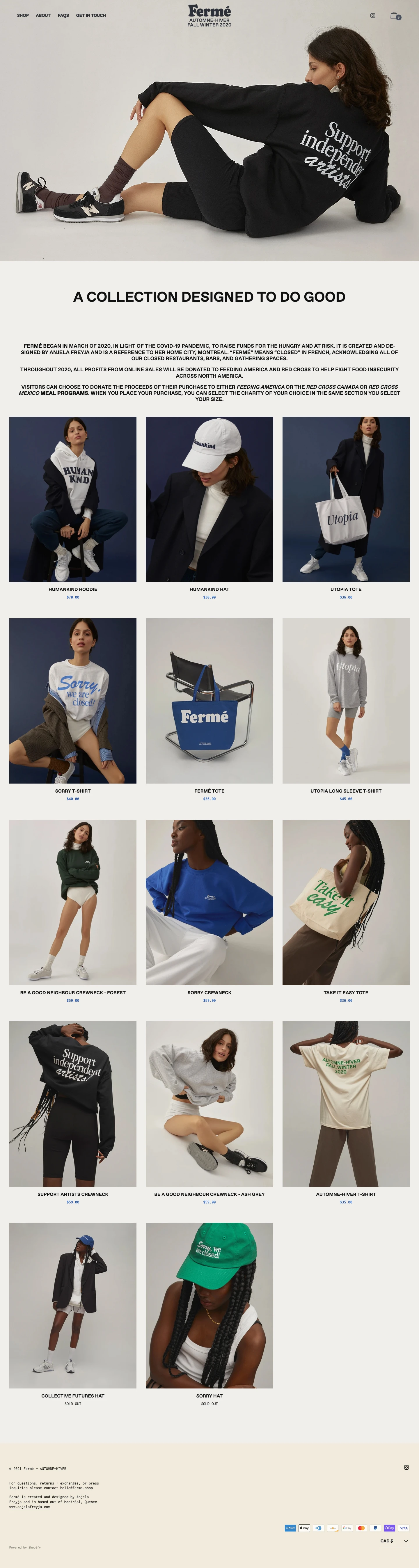 Fermé Landing Page Example: These garments were designed in light of the global Covid-19 pandemic. Let's remember to be good friends and neighbours during this time. All profits donated to Meals on Wheels. Fermé was created and designed by Anjela Freyja and it is a reference to her home city, Montreal.