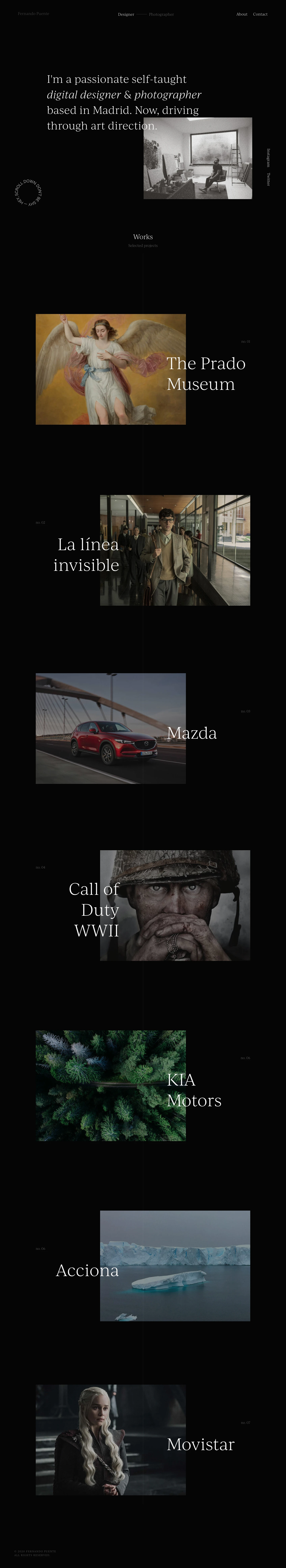 Fernando Puente Landing Page Example: I'm a passionate self-taught digital designer & photographer based in Madrid. Now, driving through art direction.