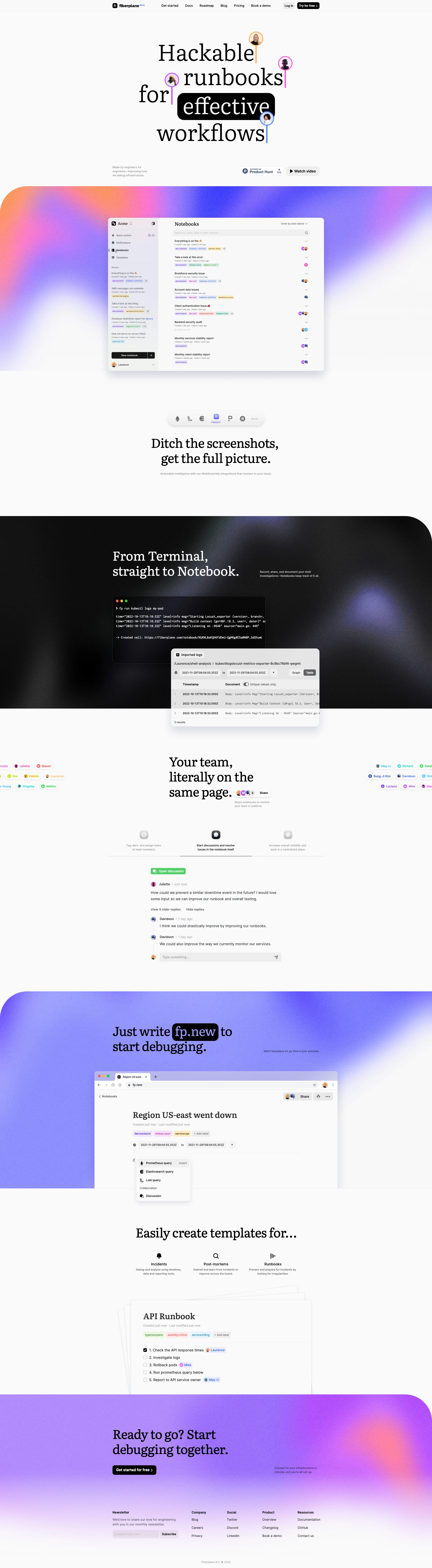 Fiberplane Landing Page Example: Collaborative notebooks for debugging your infrastructure. Made by engineers for engineers. Improving how we debug infrastructure.
