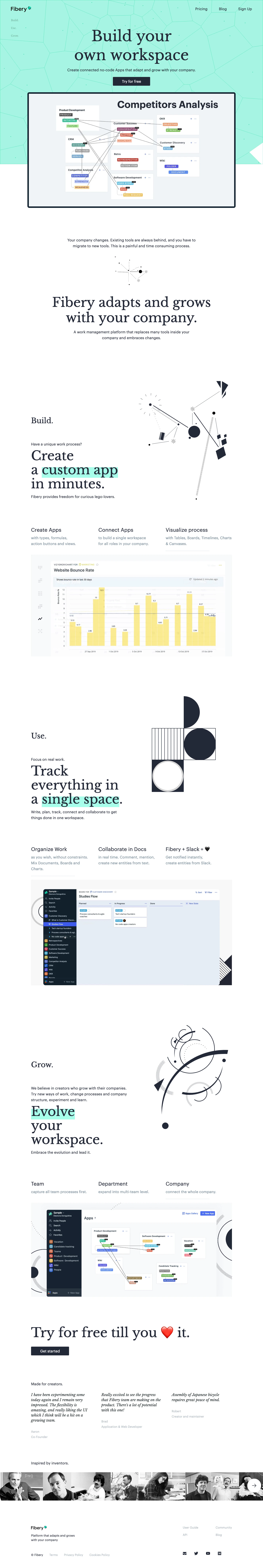 Fibery Landing Page Example: Build your own workspace with no code to replace isolated tools and bring everyone together. Work management platformthat fits and grows with your company.