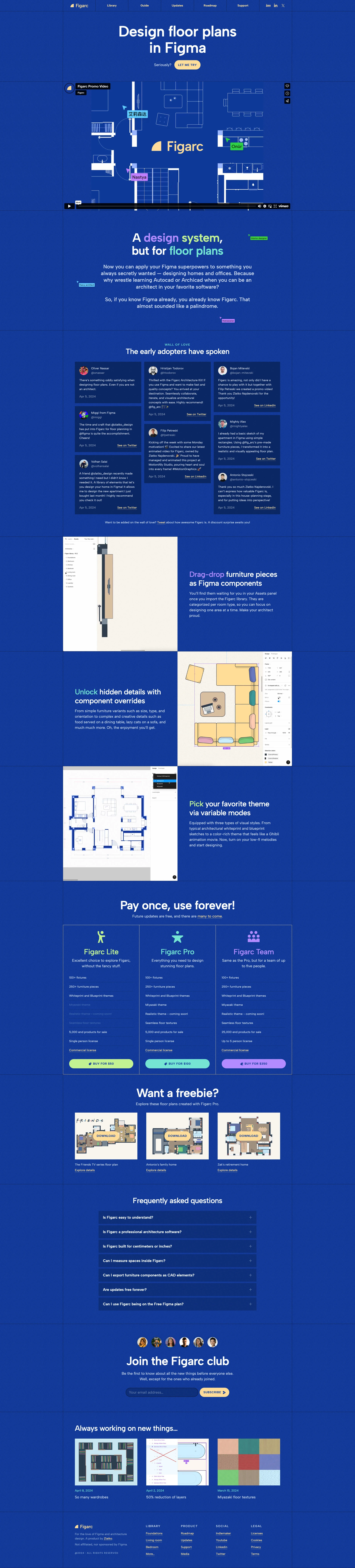 Figarc Landing Page Example: A design system, but for floor plans. Now you can apply your Figma superpowers to something you always secretly wanted — designing homes and offices. Because why wrestle learning Autocad or Archicad when you can be an architect in your favorite software? So, if you know Figma already, you already know Figarc. That almost sounded like a palindrome.