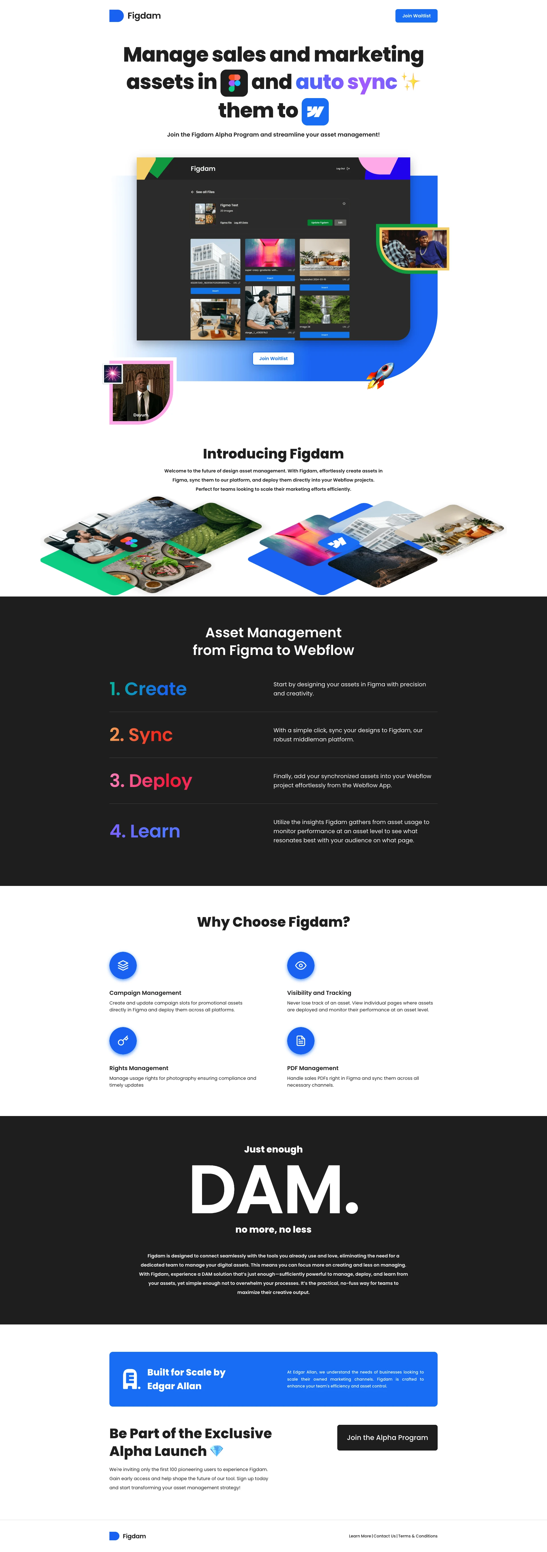 Figdam Landing Page Example: Manage campaign assets in Figma and auto sync them to Webflow.