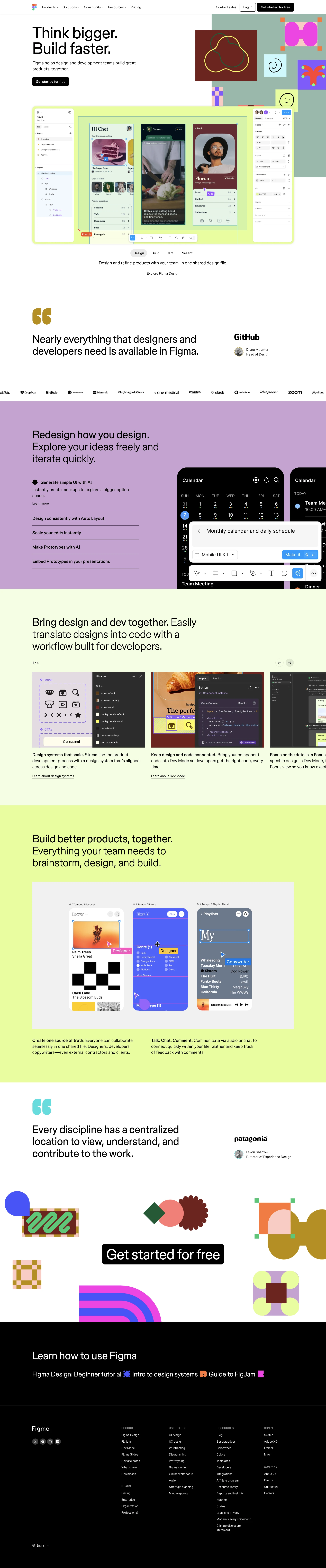 Figma Landing Page Example: Think bigger. Build faster. Figma helps design and development teams build great products, together.