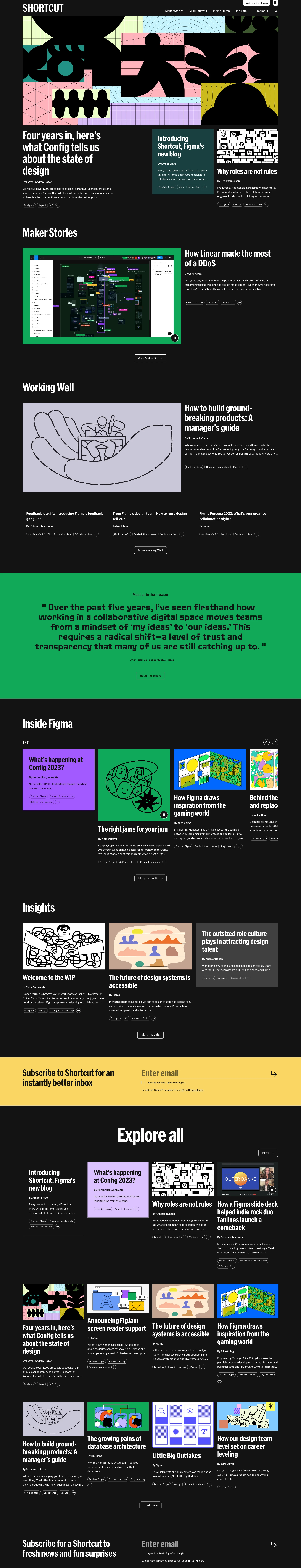 Shortcut Landing Page Example: Welcome to Shortcut, Figma’s blog for telling stories about people, and the priorities, plans, and pivots they discover along the path of bringing new ideas to life.