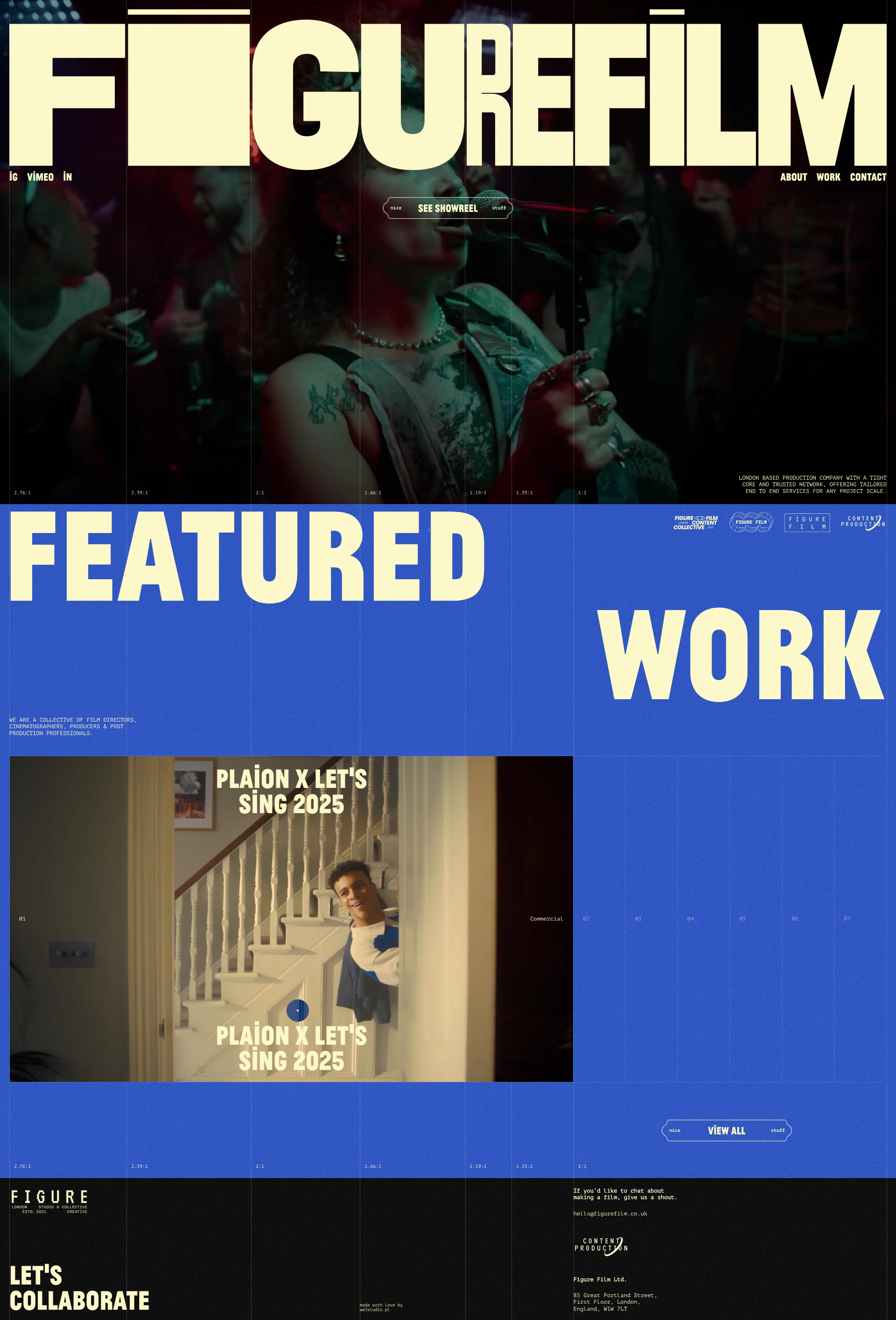 FIGUREFILM Landing Page Example: London based production company with a tight core and trusted network, offering tailored end to end services for any project scale. We are a collective of film directors, cinematographers, producers & post production professionals.