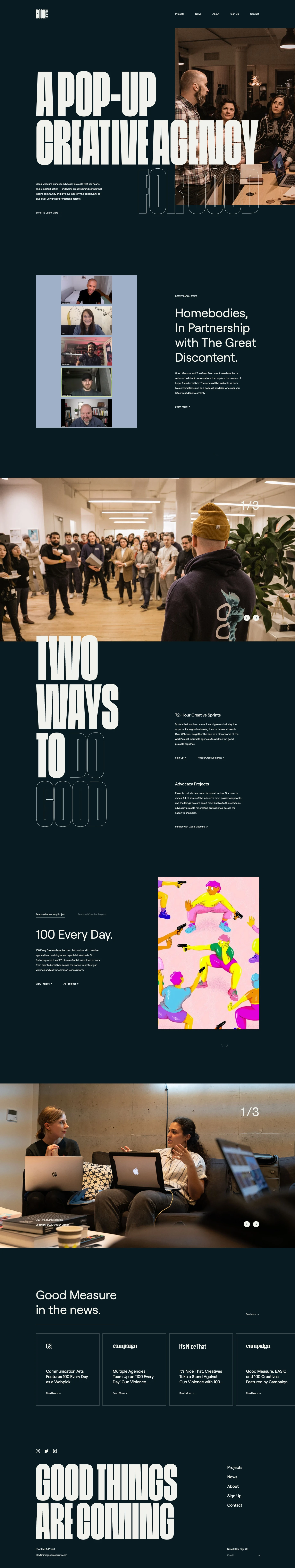 Good Measure Landing Page Example: We launch advocacy projects that stir hearts and jumpstart action — and host creative brand sprints that inspire community.