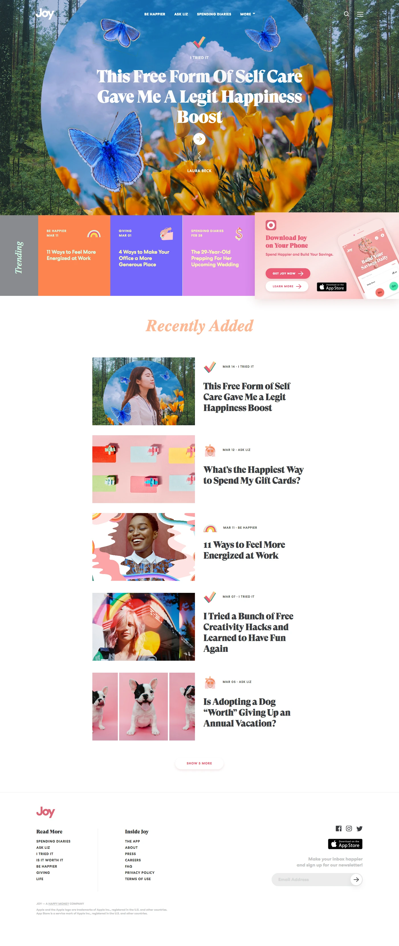 Joy Landing Page Example: Spend Happier and Build Your Savings