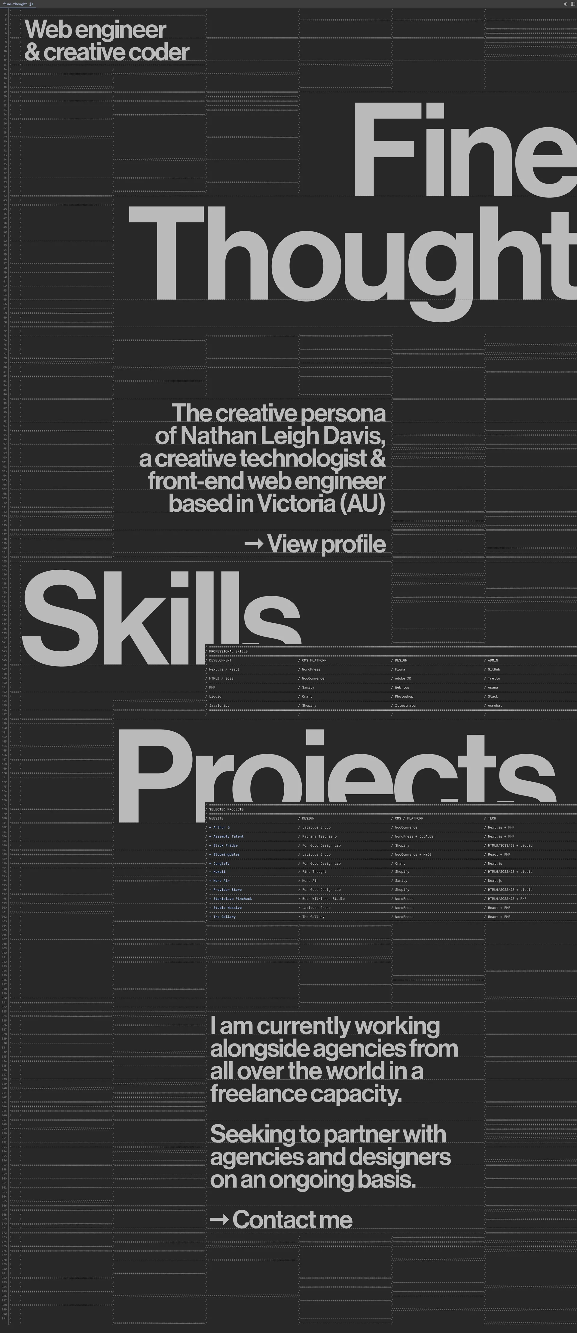 Fine Thought Landing Page Example: The creative persona of Nathan Leigh Davis, a creative technologist and front-end web engineer based in Victoria, Australia.