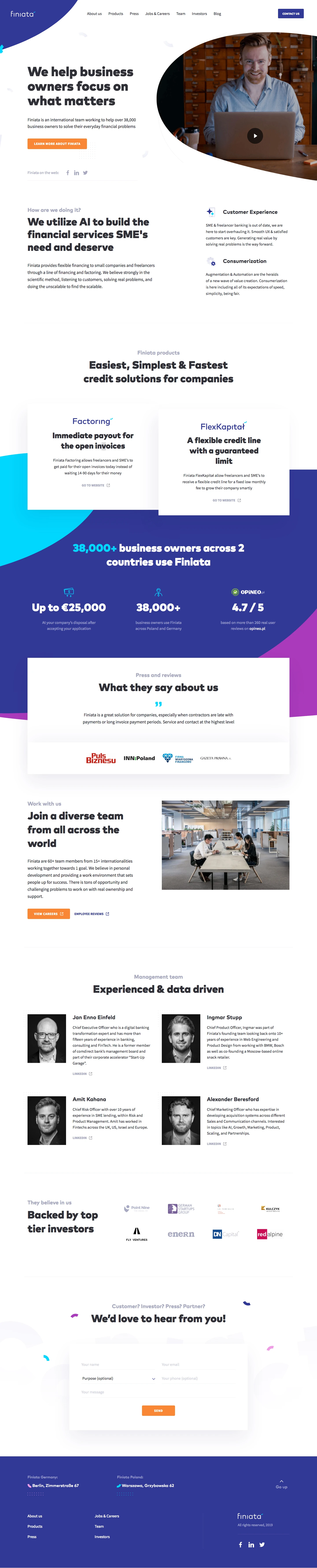 Finiata Landing Page Example: We help business owners focus on what matters. Finiata is an international team working to help over 38,000 business owners to solve their everyday financial problems