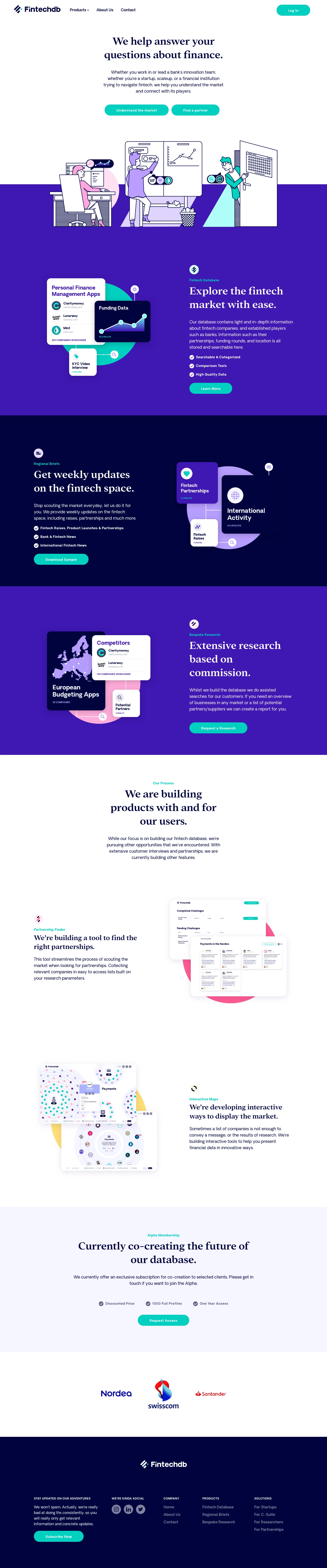 Fintechdb Landing Page Example: Whether you work in or lead a bank’s innovation team, whether you’re a startup, scaleup, or a financial institution trying to navigate fintech, we help you understand the market and connect with its players