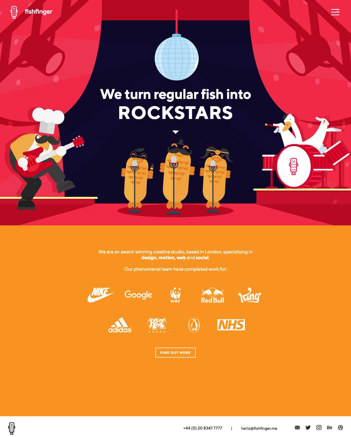 Fishfinger Landing Page Example: We are an award-winning creative studio, based in London, specialising in design, motion, web and social.