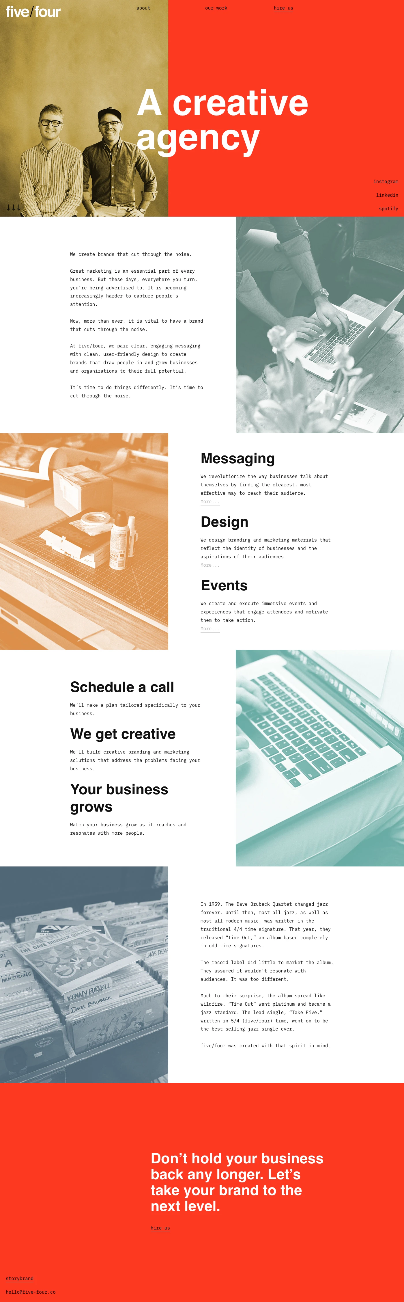 five/four Landing Page Example: At five/four, we pair clear messages with simple design to create brands that resonate with your customers and grow your business to its full potential.