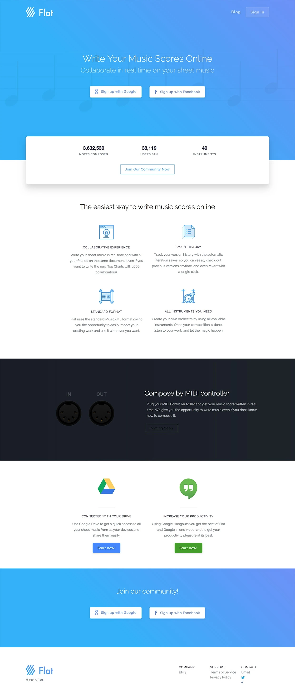 Flat Landing Page Example: Compose your music online with your smartphone, tablet and laptop with your friends at the same time. Also available for Google Drive and Google Hangouts.