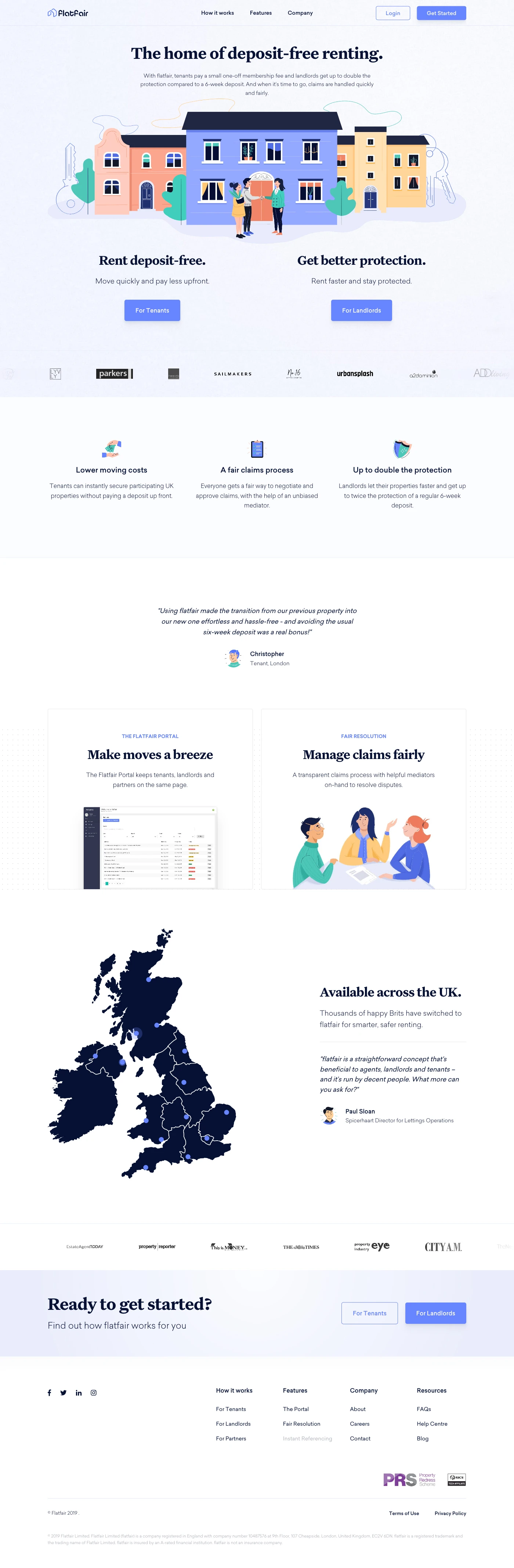 flatfair Landing Page Example: With flatfair, you pay a small one-off membership fee and we take care of your deposit. When it’s time to go, the claims process is fast and fair.