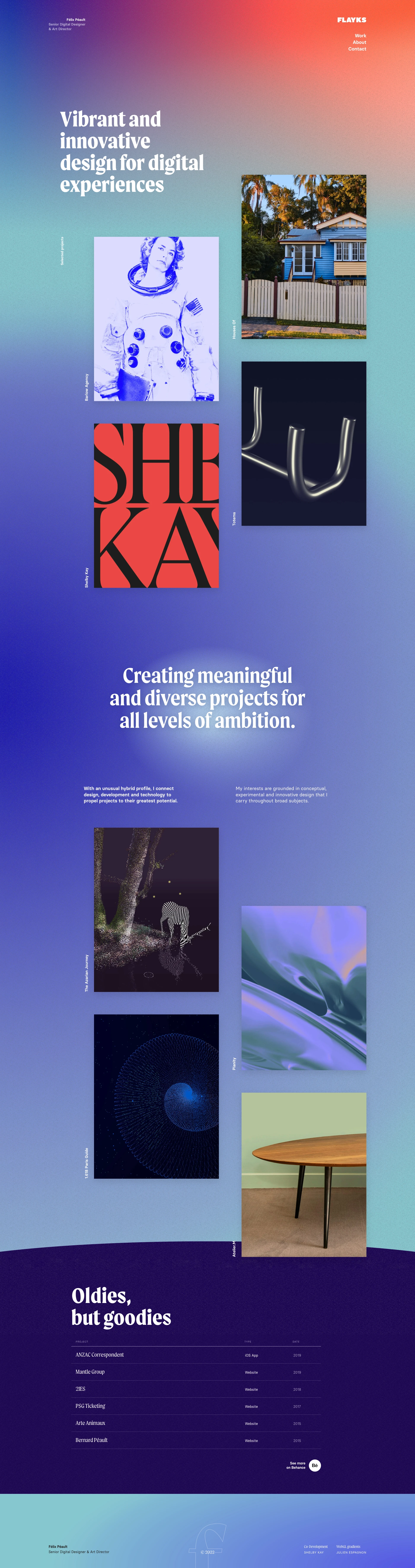 Flayks Landing Page Example: Portfolio of Félix Péault, Freelance Senior Digital Designer and Art Director based in France.
