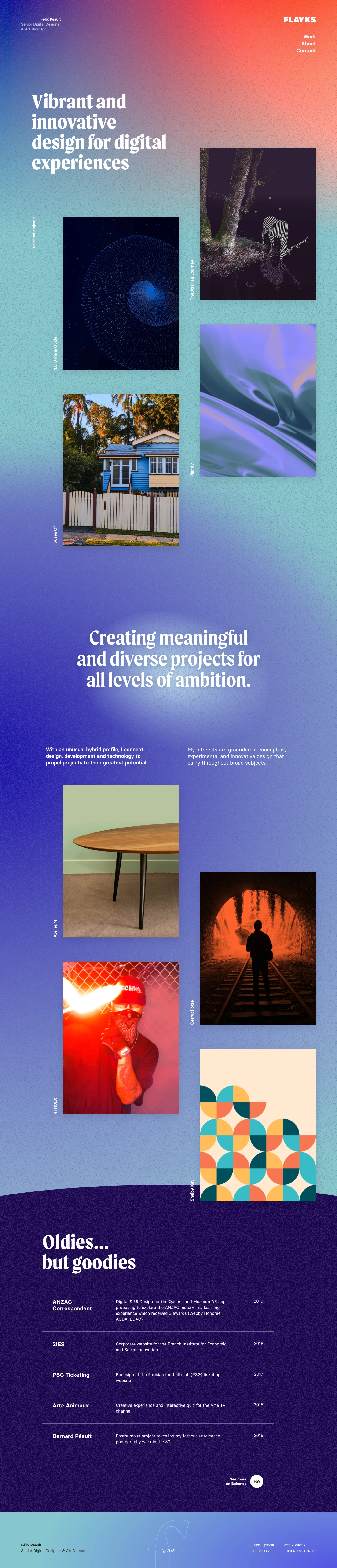Flayks Landing Page Example: Portfolio of Félix Péault, Freelance Senior Digital Designer and Art Director based in France. Vibrant and innovative design for digital experiences.