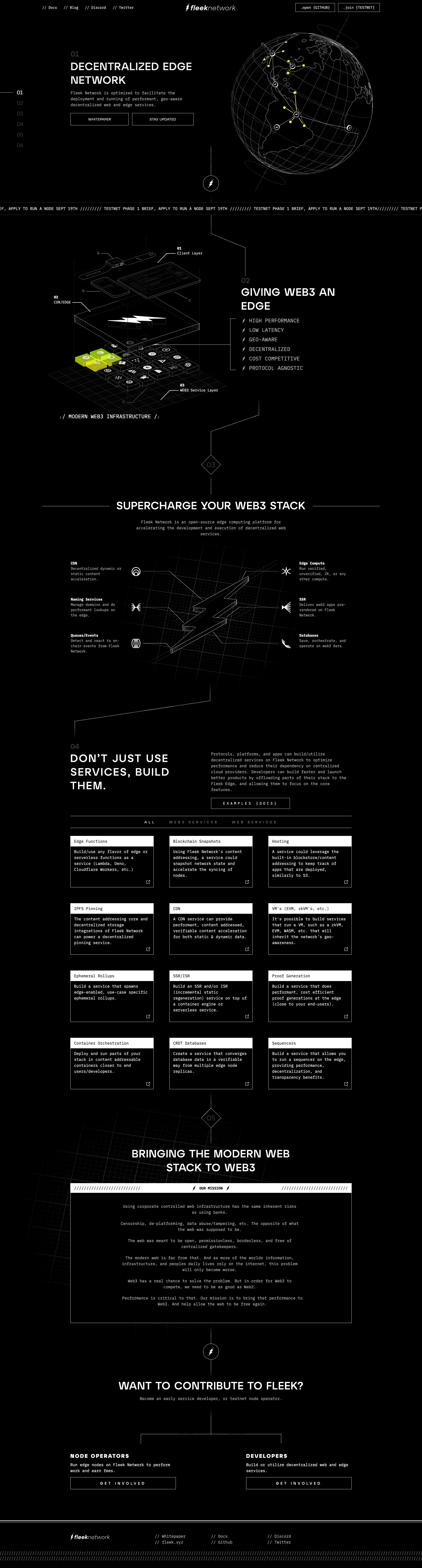 Fleek Network Landing Page Example: Decentralized edge platform. Fleek Network is optimized to facilitate the deployment and running of performant, geo-aware decentralized web and edge services.