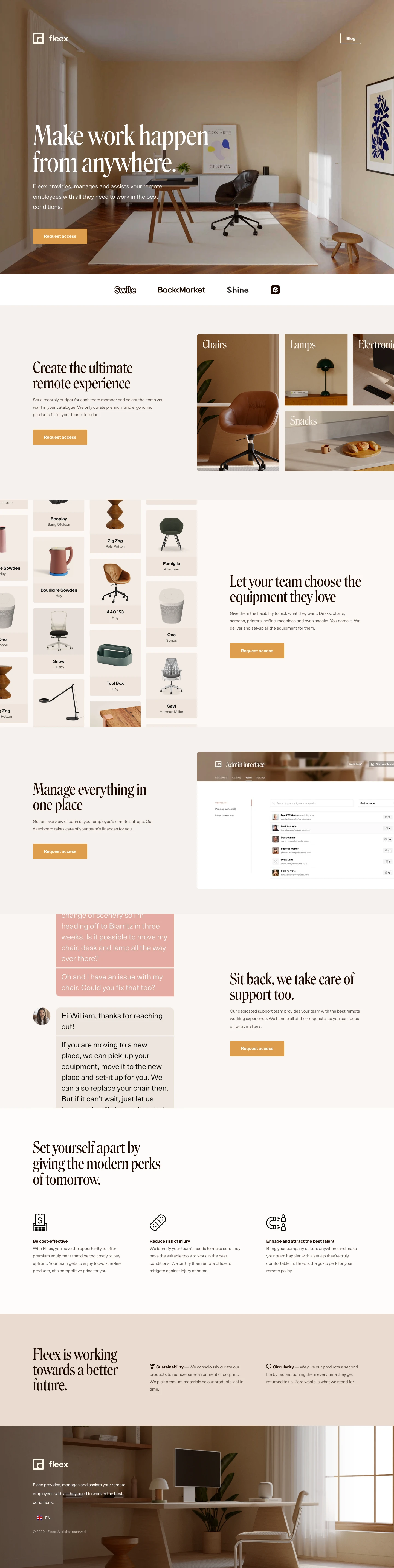 Fleex Landing Page Example: Make work happen from anywhere. Fleex provides, manages and assists your remote employees with all they need to work in the best conditions.