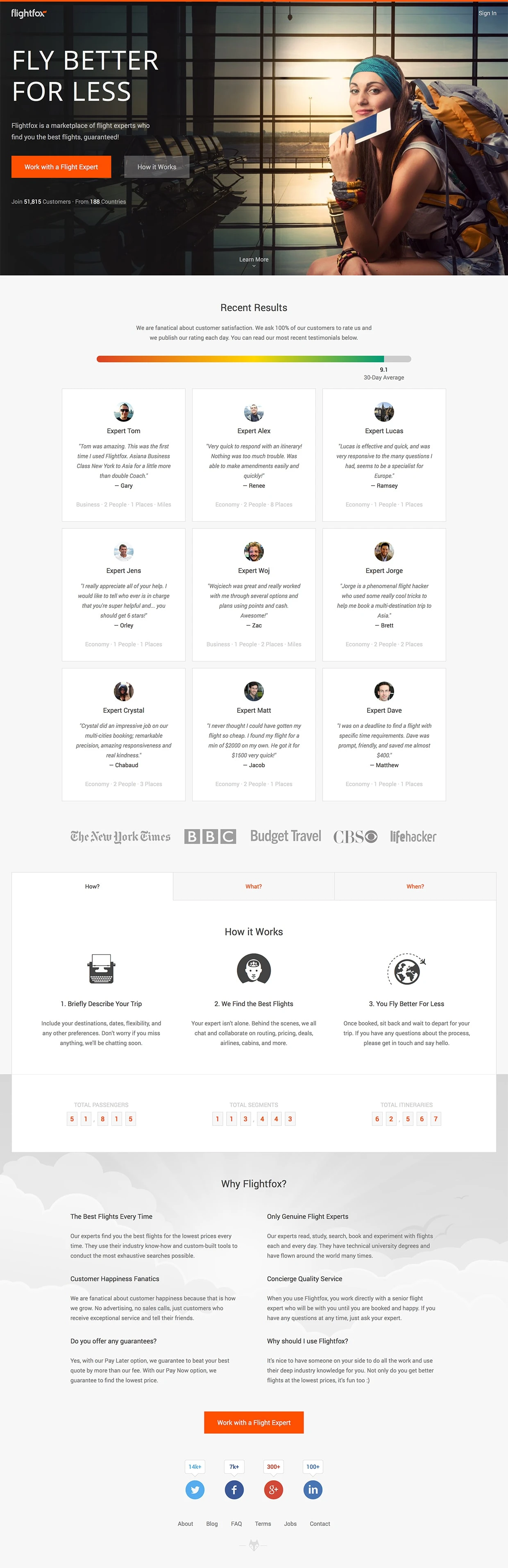 Flightfox Landing Page Example: Fly better for less by working with genuine flight experts.