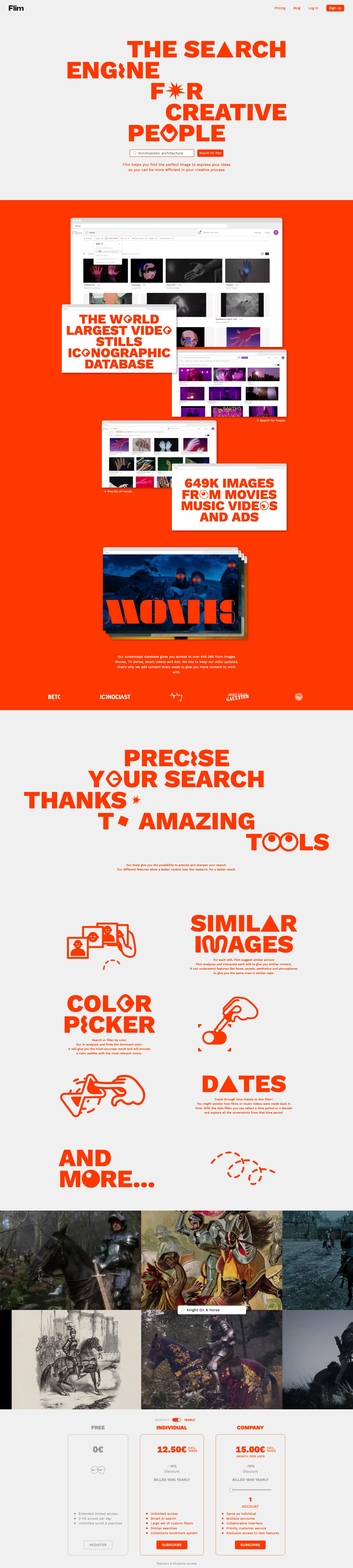 Flim Landing Page Example: The search engine for create people. Flim helps you find the perfect image to express your ideas.
