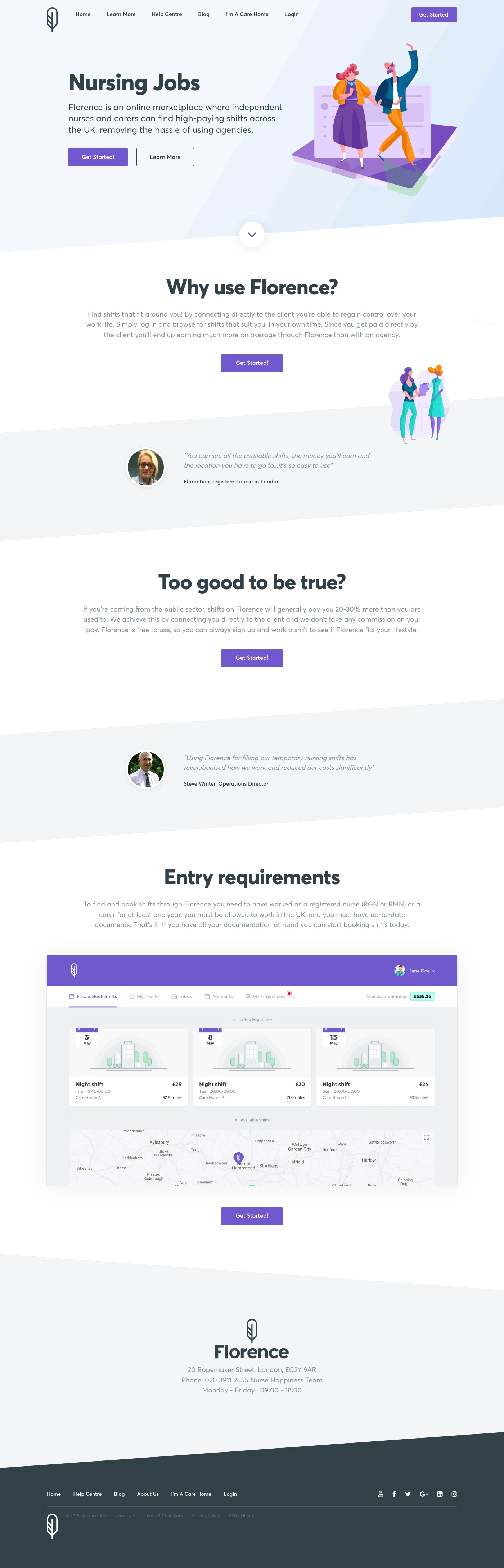 Florence Landing Page Example: Florence is an online marketplace where independent nurses can find high-paying shifts across the UK, removing the hassle of booking through agencies.