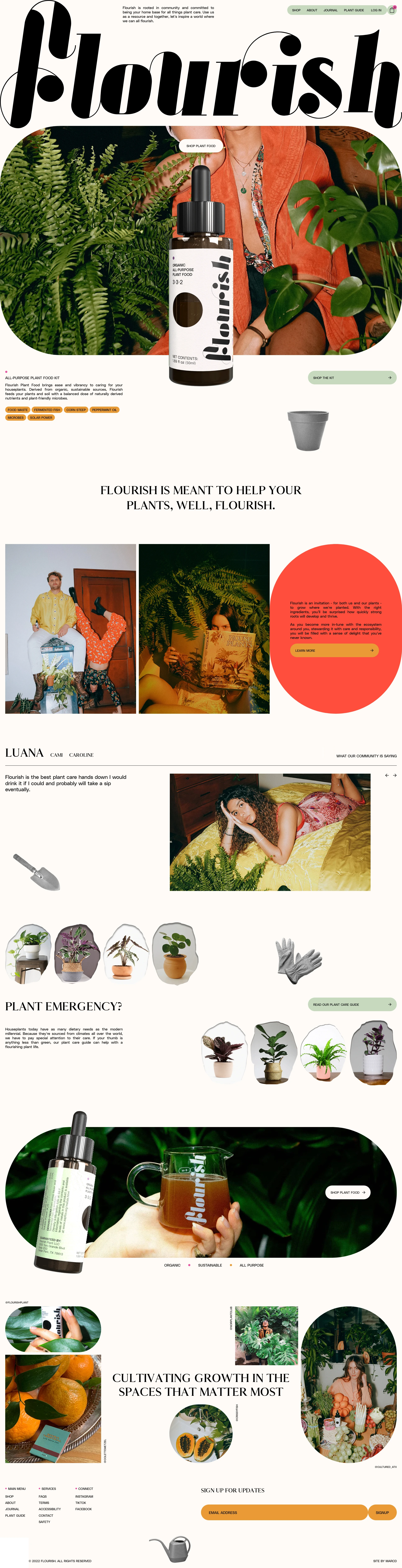 Flourish Landing Page Example: Flourish is rooted in community and committed to being your home base for all things plant care. Use us as a resource and together, let's inspire a world where we can all flourish.