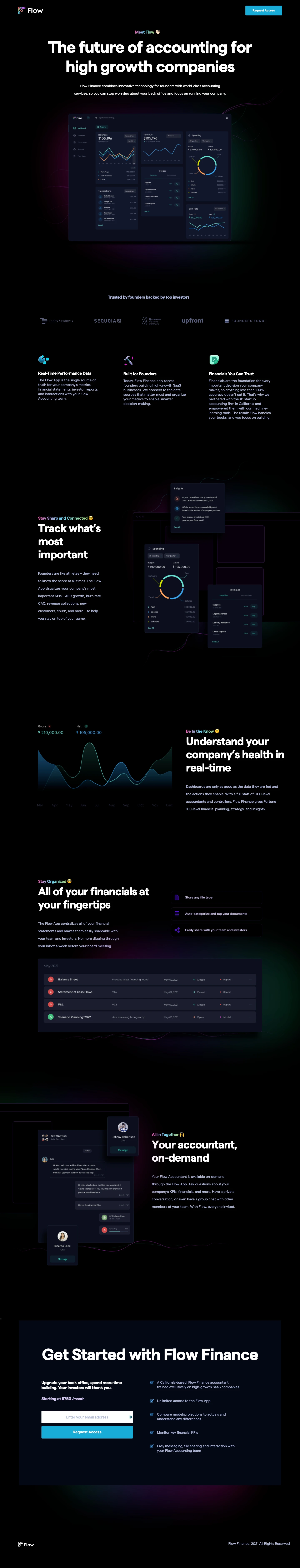 Flow Landing Page Example: The future of accounting for high growth companies. Flow Finance combines innovative technology for founders with world-class accounting services, so you can stop worrying about your back office and focus on running your company.