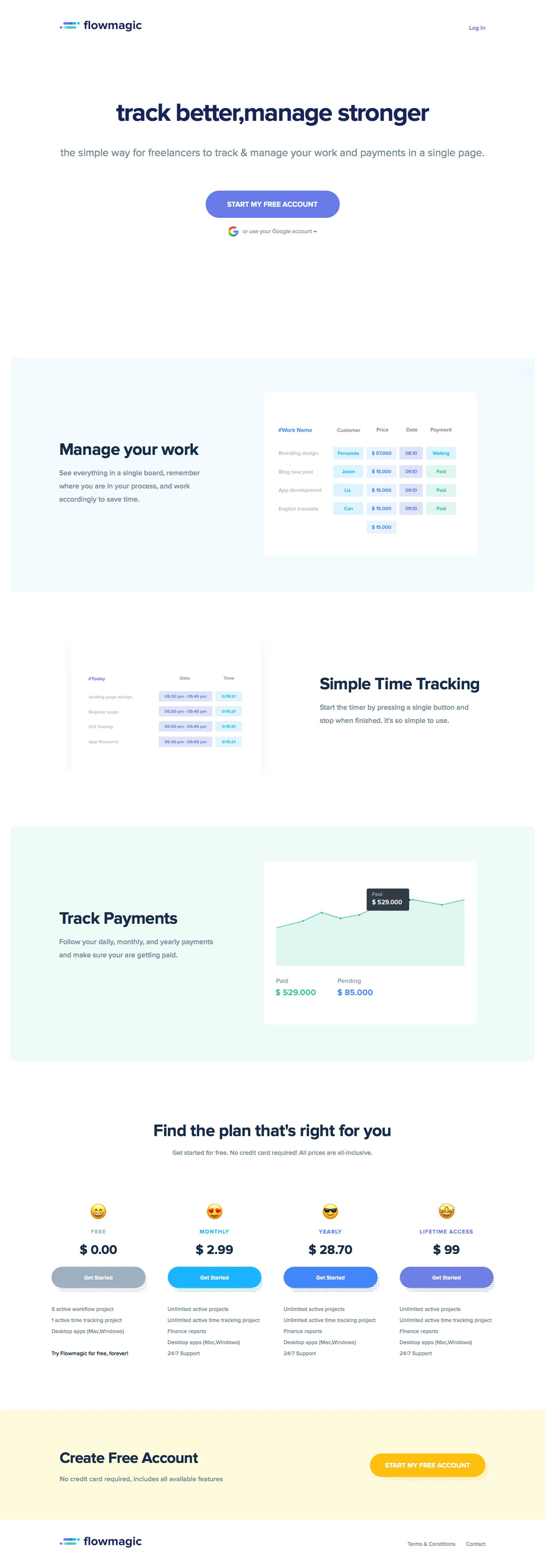 flowmagic Landing Page Example: The simple way for freelancers to track & manage their work and payments in a single page.
