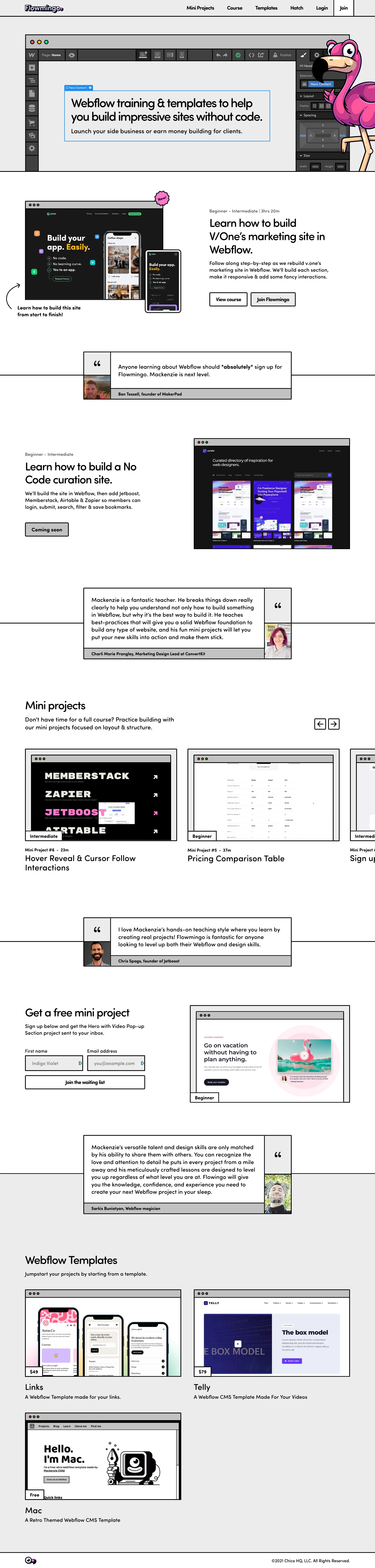 Flowmingo Landing Page Example: Webflow training & templates to help you build impressive sites without code. Launch your side business or earn money building for clients.