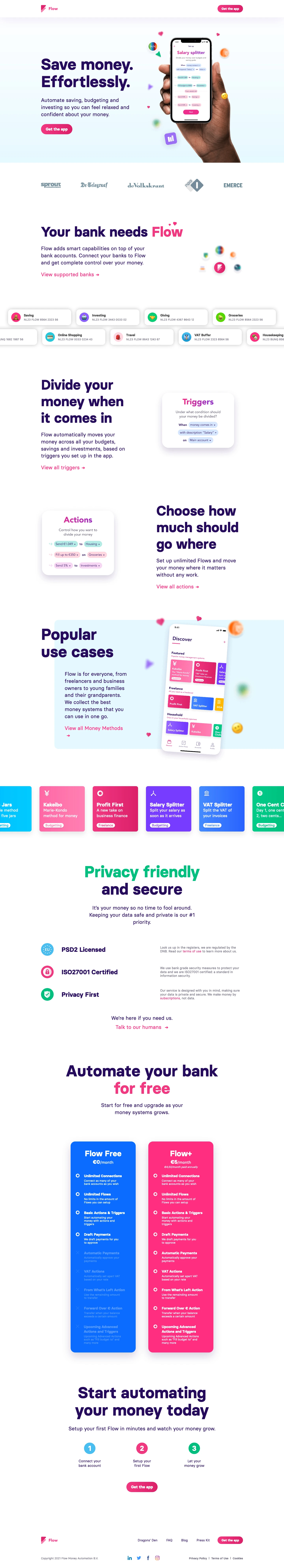 Flow Your Money Landing Page Example: Automate saving, budgeting and investing so you can feel relaxed and confident about your money.